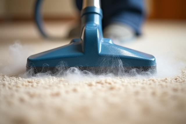 Professional carpet cleaning machine in action on a plush carpet, steam visible